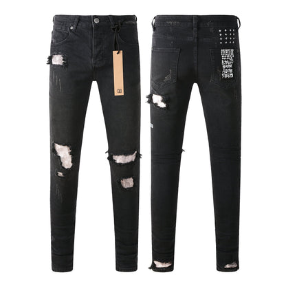 Jean Slim Fit noir avec de multiples déchirures et une finition vieillie 3002