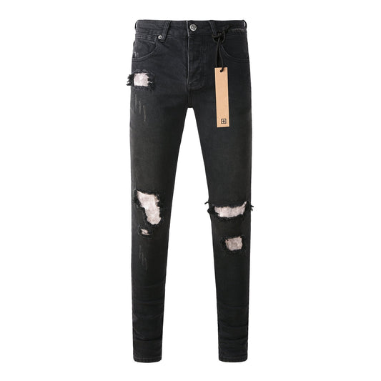 Jean Slim Fit noir avec de multiples déchirures et une finition vieillie 3002