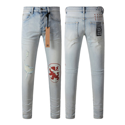 Classic Blue Ripped Jeans with Distressed Knees 3008