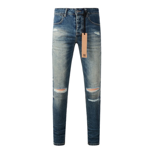 Jean skinny bleu classique déchiré au genou 3018