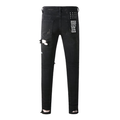 Slim Fit Black Jeans with Multiple Rips and Distressed Finish 3002