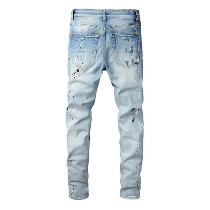 820 Fashion Denim Micro-elastic Cotton Youth Light Blue Paint Ripped Patch Jeans