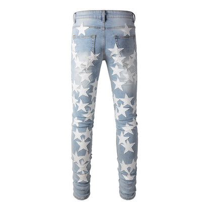 690 High Street Sticky White Star Trend Jeans High Craft Slim-Fit élastique Small Foot Jeans 