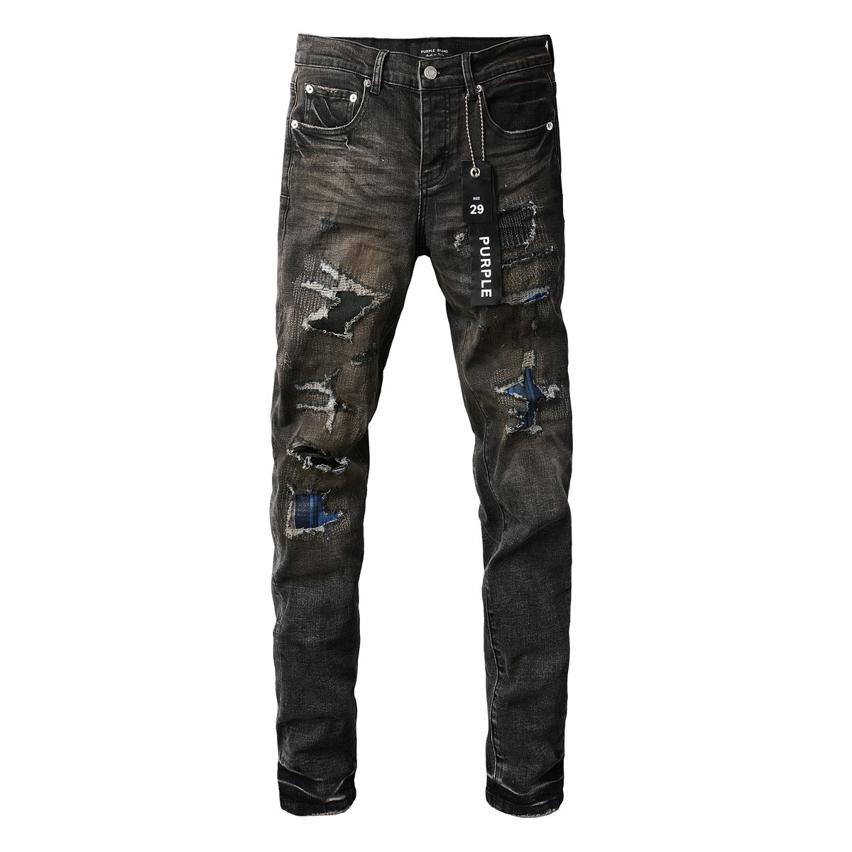 Pantalon en denim noir chic et vieilli 9080 combinant déchirures et patchs pour un style moderne 