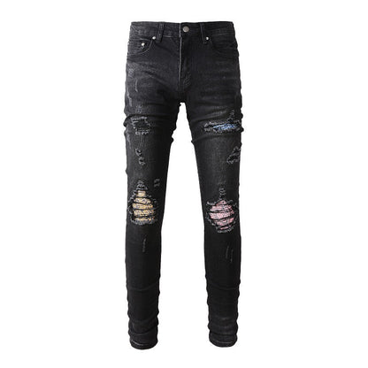 Jeans déchirés tendance de la rue européenne et américaine Pantalon slim tendance pour hommes en denim #867 