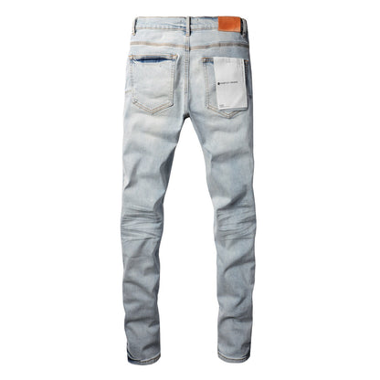 9048 Jeans pitillo morados para hombre con detalle roto - Pantalones de motociclista de mezclilla de moda con parches y diseño estampado Jeans morados 