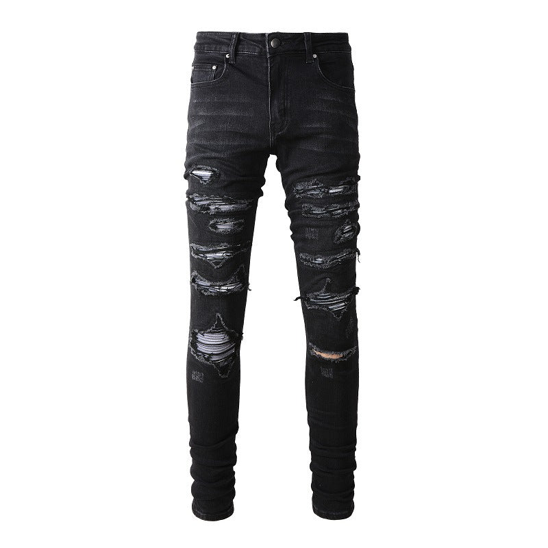 Jean slim stretch délavé noir 891 avec détails polyvalents en similicuir 