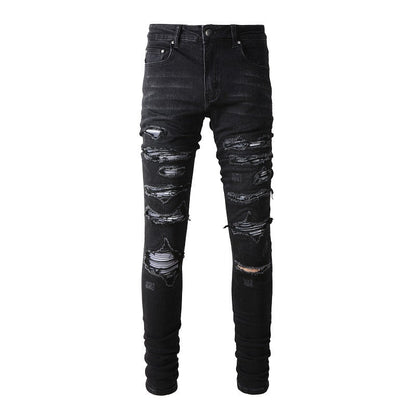 Jean slim stretch délavé noir 891 avec détails polyvalents en similicuir 