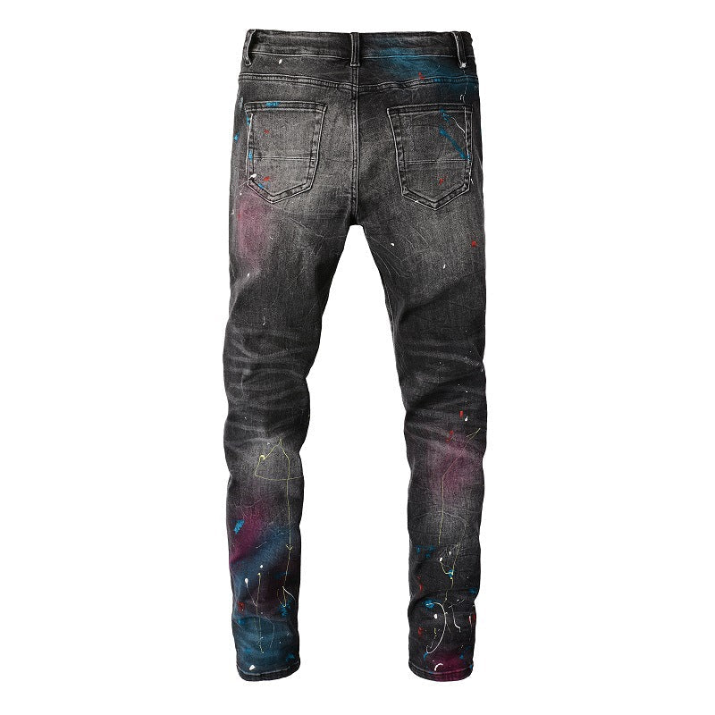 Jeans déchirés High Street pour hommes, jeans avec graffitis et peinture en spray d'encre, jeans slim élastiques pour hommes 5636 