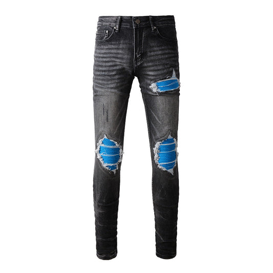 Jeans ajustados de mendigo con parches azules rotos de High Street Jeans para hombre de moda n.° 1337 