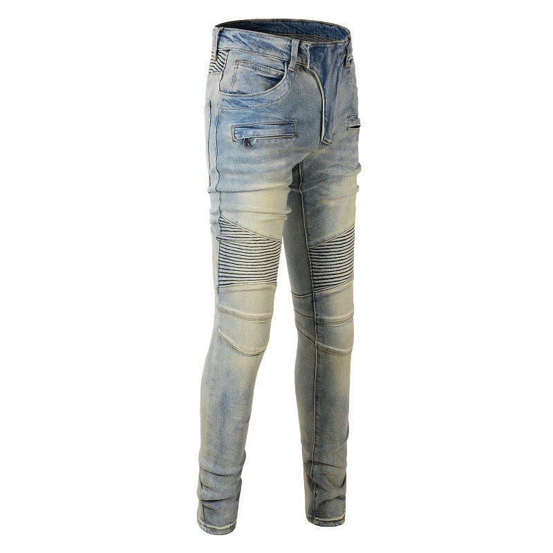 Trendy Man Personality High Street Trendy Brand Locomotive Men's Retro Old Splicing Jeans 1051