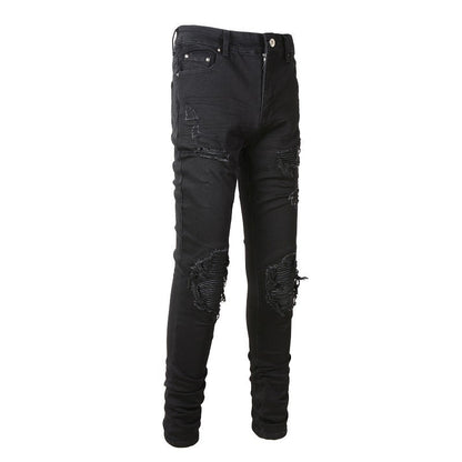 Jean slim noir pour homme avec détails froissés, patchs et design déchiré 602 