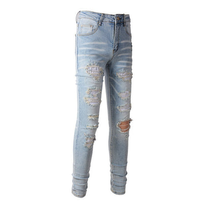 Foreign Trade High Street Denim Casual Trousers Micro-elastic Cotton Youth Blue Ripped Skinny Jeans 808