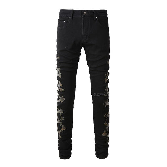 Jeans tendance européens et américains déchirés avec motif camouflage en cuir, jeans skinny #842 