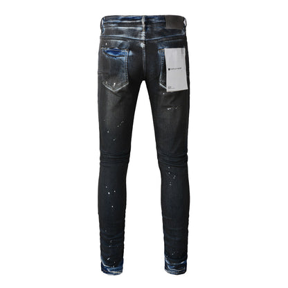 Pantalones vaqueros pitillo morados para hombre con detalle roto 9051 Pantalones vaqueros de motociclista de moda con parches y diseño estampado 