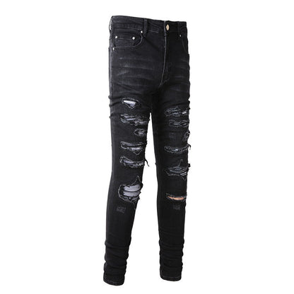 Jean slim stretch délavé noir 891 avec détails polyvalents en similicuir 