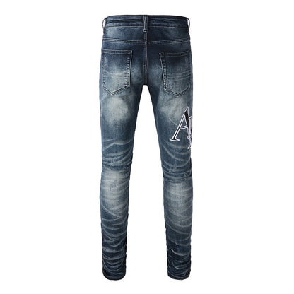 European and American Street Tide Fashion Letter Embroidery Ripped Patch Tide Slim-fit Small Foot Jeans 1324