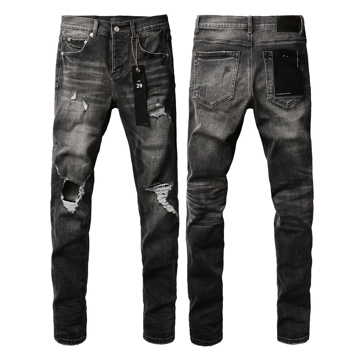 Black Distressed Jeans 9079 Long Pants with Stylish Rips and Tears