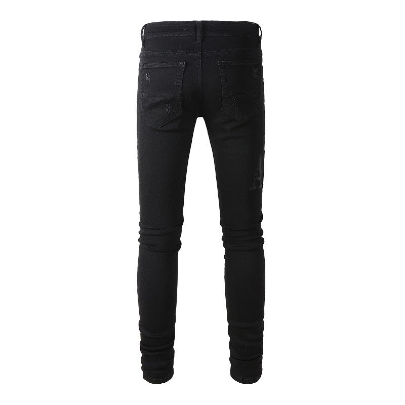 Pantalones vaqueros rasgados con letras bordadas y estilo callejero de estilo europeo y americano, pantalones vaqueros ajustados de corte bajo para hombre, estilo callejero #892 