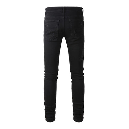 Pantalones vaqueros rasgados con letras bordadas y estilo callejero de estilo europeo y americano, pantalones vaqueros ajustados de corte bajo para hombre, estilo callejero #892 