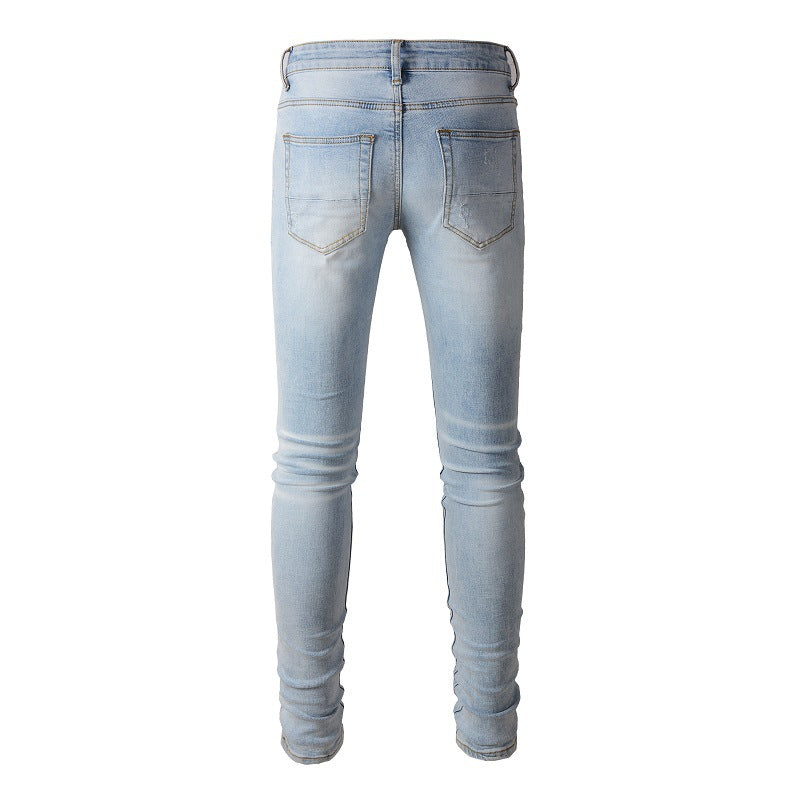 Pantalon décontracté en denim High Street pour le commerce extérieur Jean skinny déchiré bleu en coton micro-élastique pour jeunes 808