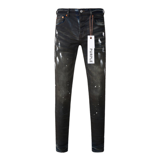 Pantalones vaqueros morados rotos para hombre: elegantes pantalones de mezclilla de calle con pintura negra y corte ajustado 9036 