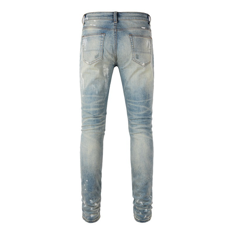 Jeans transfrontaliers tendance de marque rétro avec patch déchiré et peinture pour homme, coupe slim (6530-8830) 