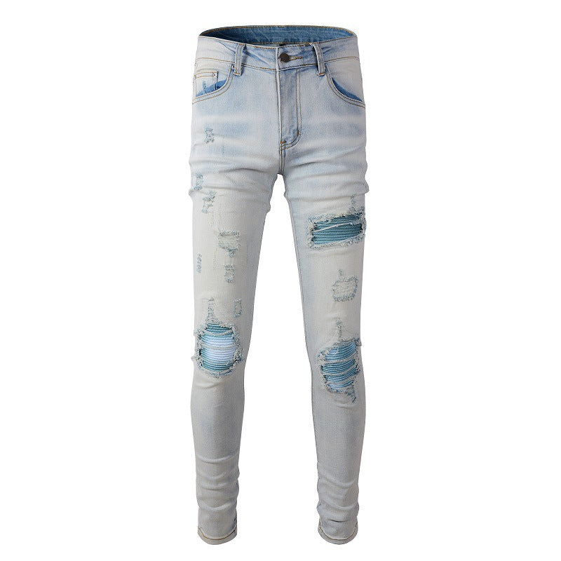 645 Jeans bleus déchirés de marque tendance Jeans Slim Slim High Street élastiques 