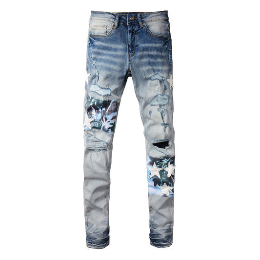 Pantalones vaqueros rasgados 898 High Street para hombre con parches empalmados y estrellas, elásticos y ajustados 