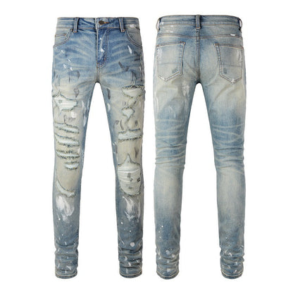 Jeans transfrontaliers tendance de marque rétro avec patch déchiré et peinture pour homme, coupe slim (6530-8830) 