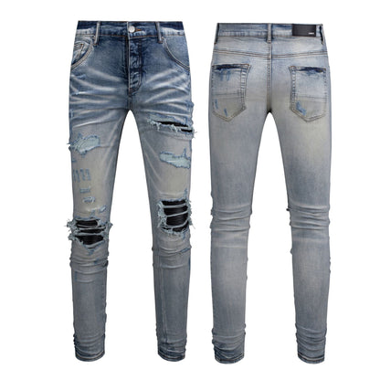 Men's Slim Fit Black Jeans with Street Style Patches, Vintage Wash, and Ripped Details 6848