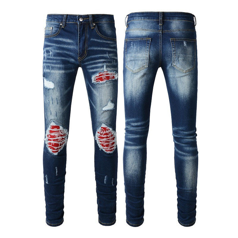 1318 Jeans azules con parches rotos de High Street de marca de moda europea y americana para hombre, versión coreana 