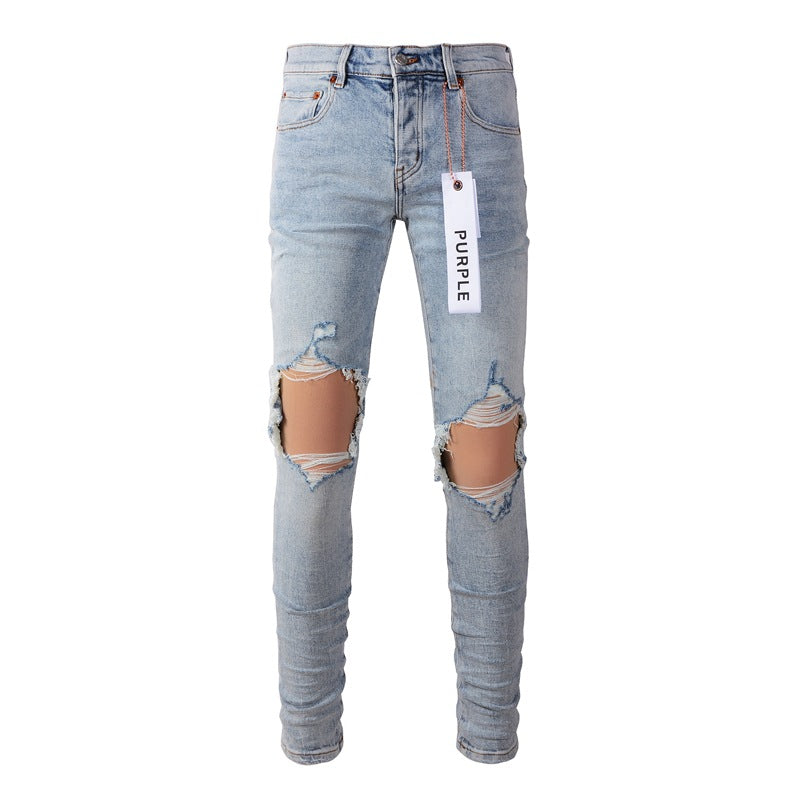 Light Blue Vintage Personality Fashion Ripped Jeans 9010