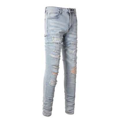 Cross-border Jeans Trendy Brand Retro Jeans Diamond-encrusted Men's Jeans Elastic and Slim #808