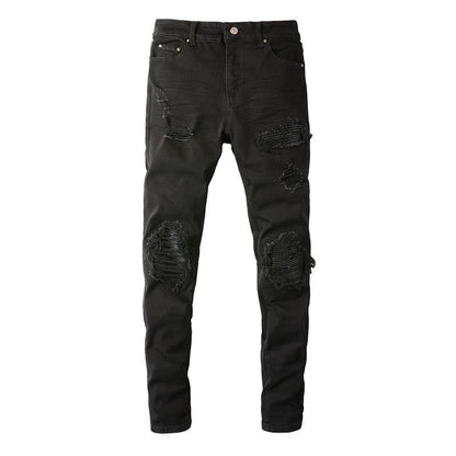 Men's Slim Fit Black Jeans with Wrinkled Details, Patches, and Ripped Design 602