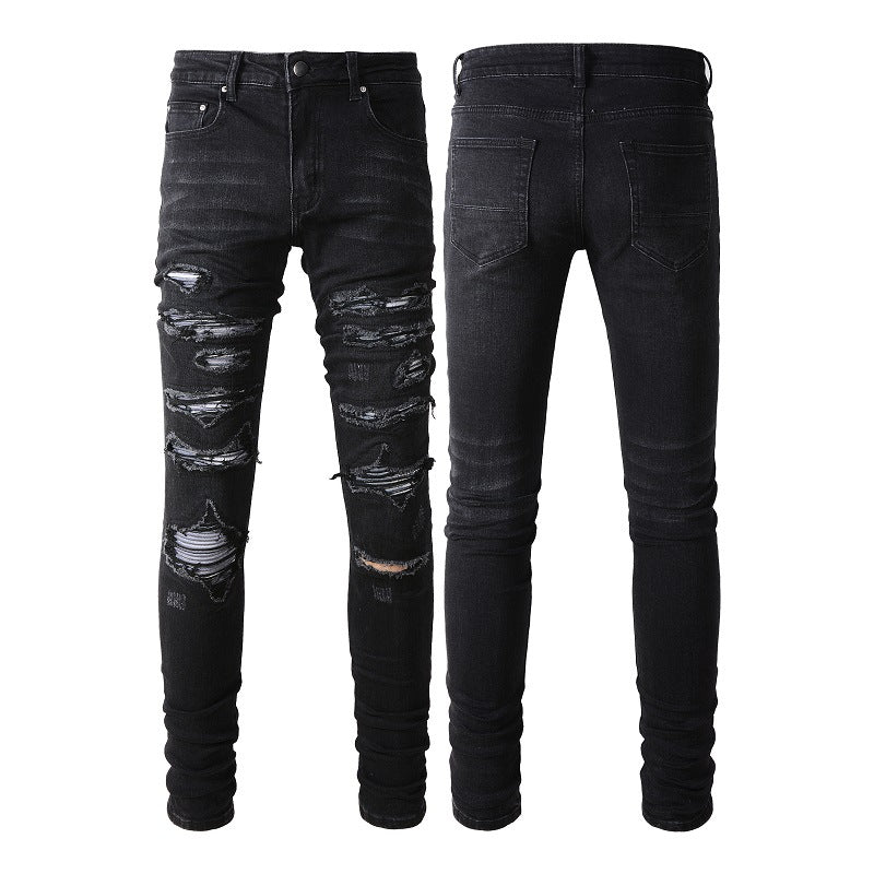 Jean slim stretch délavé noir 891 avec détails polyvalents en similicuir 