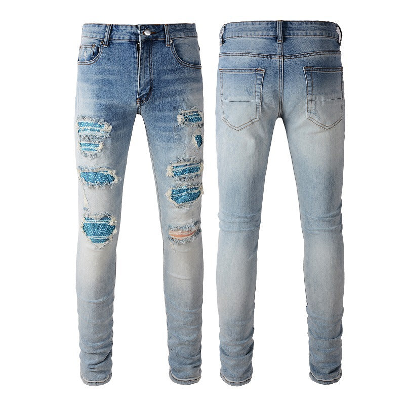 Jean slim extensible déchiré avec patch High Street Blue Diamond Hot Diamond transfrontalier 