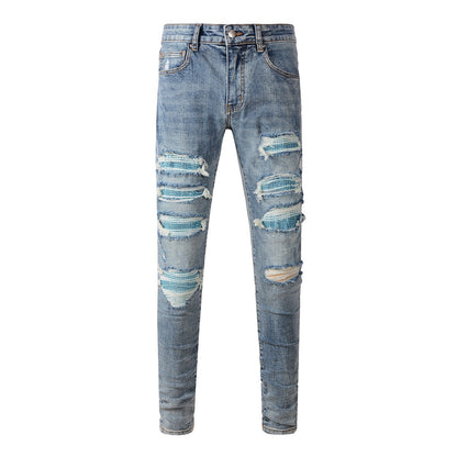 Jean Slim Fit tendance avec effet délavé et ornements en strass bleus 8835 