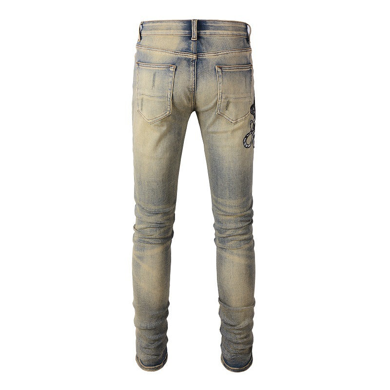 6611 Jeans de marque rétro tendance avec patch déchiré et brodé Cobra en denim élastique slim 