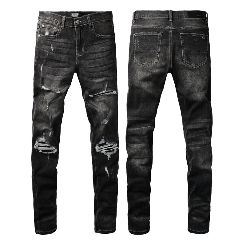 Jean déchiré High Street pour homme avec patchs patchwork et étoiles extensibles, coupe slim, pantalon crayon 8829 