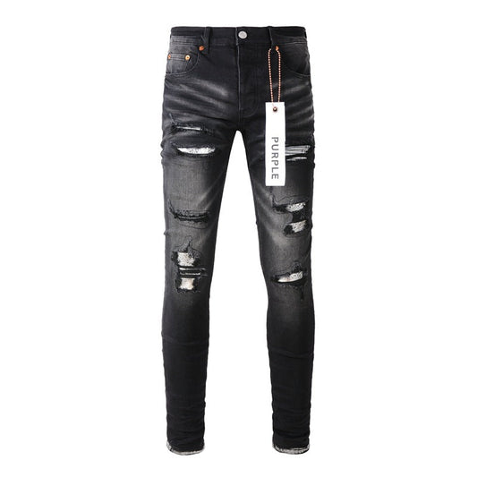 Jean noir tendance pour homme avec trou vieilli et personnalité unique 9001 