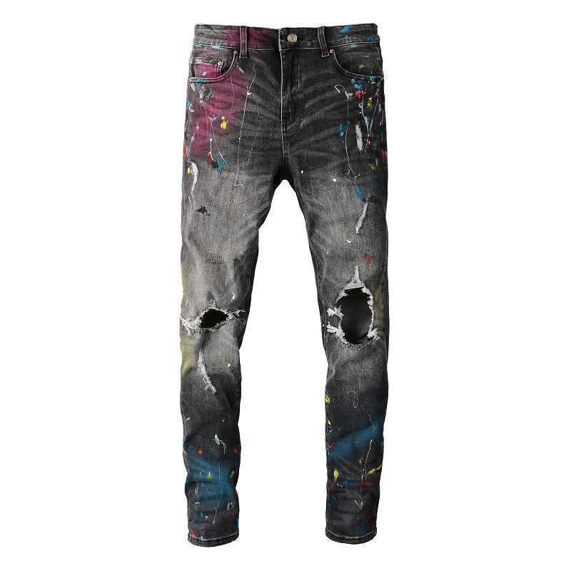 Jeans déchirés High Street pour hommes, jeans avec graffitis et peinture en spray d'encre, jeans slim élastiques pour hommes 5636 