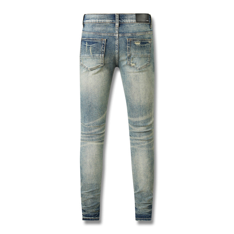 Jean slim skinny droit tendance pour homme 8602 en denim déchiré non élastique avec déchirures au genou 