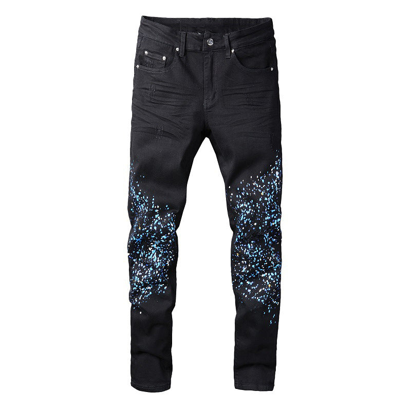 Pantalones casuales de mezclilla 818 Street de algodón microelástico para jóvenes, jeans ajustados con salpicaduras de pintura negra 