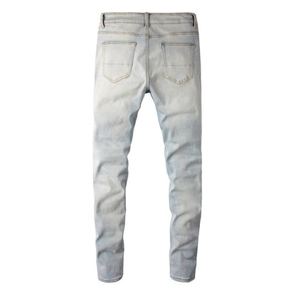 6624 High Street Trendy Brand Ripped Patch Jeans Retro Hommes Élastique Slim Fit Bleu Clair Jeans 