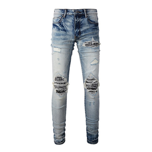 6666 High Street Trendy Brand Ripped Patch Jeans Retro Elástico Slim High Street Denim para hombre 