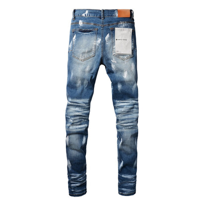 Pantalones vaqueros para hombre, pantalones vaqueros para hombre, pantalones vaqueros negros ajustados de diseñador, pegatinas de lavado claro, rotos para motocicleta (9062-9051) 