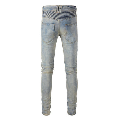 Trendy Man Personality High Street Trendy Brand Locomotive Men's Retro Old Splicing Jeans 1051