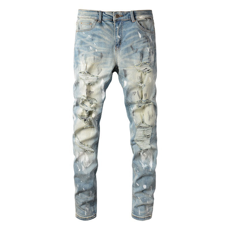 Jeans transfrontaliers tendance de marque rétro avec patch déchiré et peinture pour homme, coupe slim (6530-8830) 