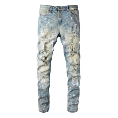 Jeans transfrontaliers tendance de marque rétro avec patch déchiré et peinture pour homme, coupe slim (6530-8830) 